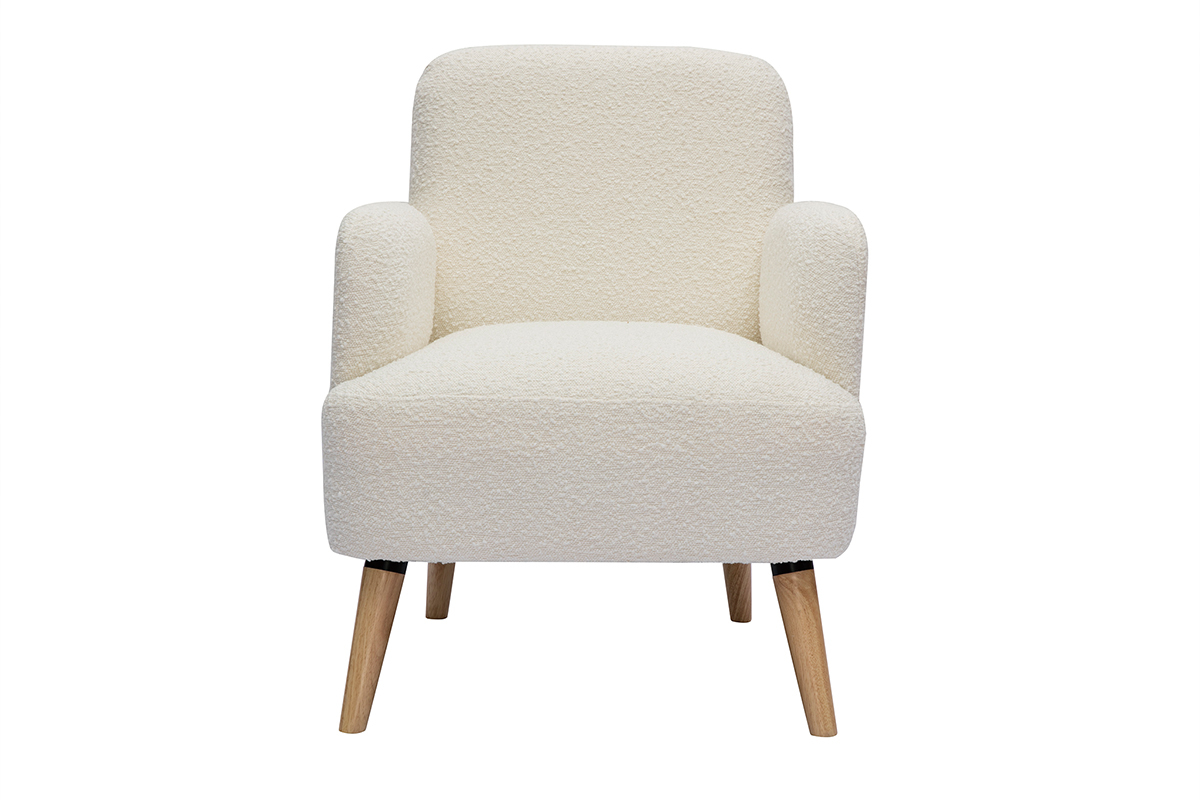 Fauteuil scandinave en tissu effet laine boucle blanc cass et bois clair ISKO