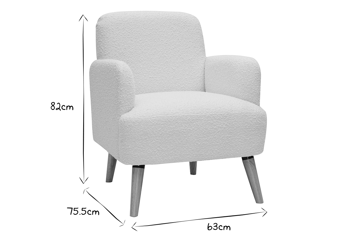 Fauteuil scandinave en tissu effet laine boucle blanc cass et bois clair ISKO