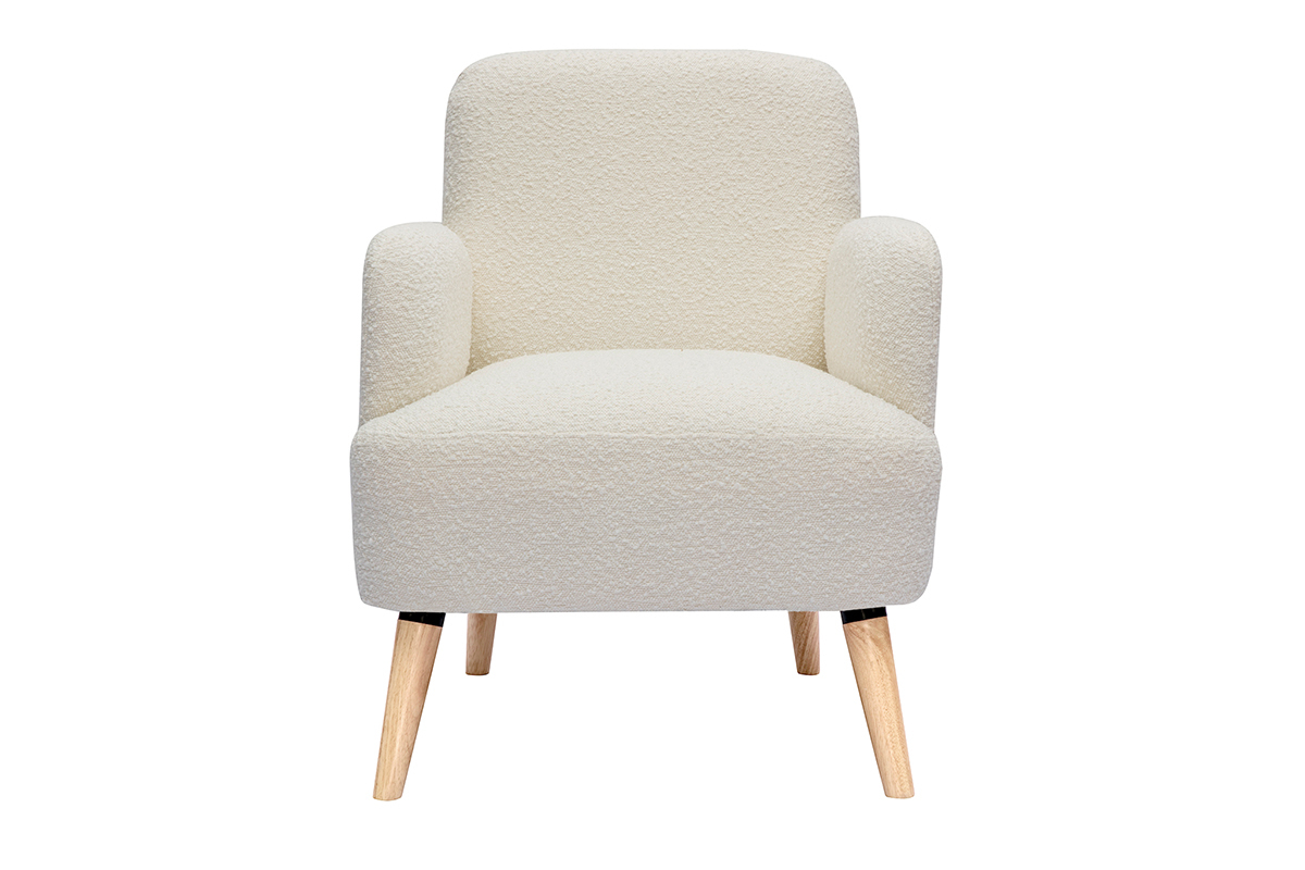 Fauteuil scandinave en tissu effet laine boucle blanc cass et bois clair ISKO