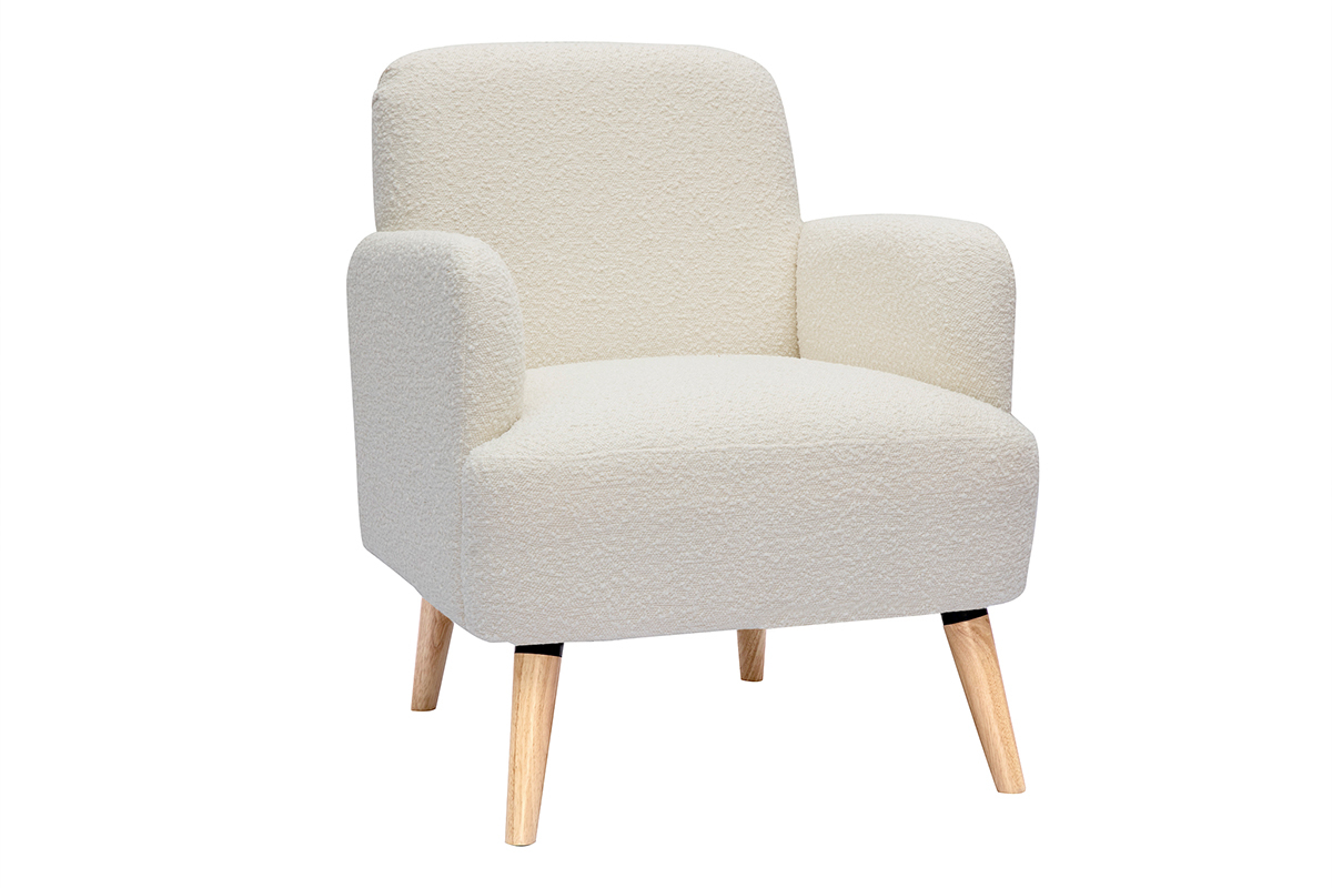 Fauteuil scandinave en tissu effet laine boucle blanc cass et bois clair ISKO