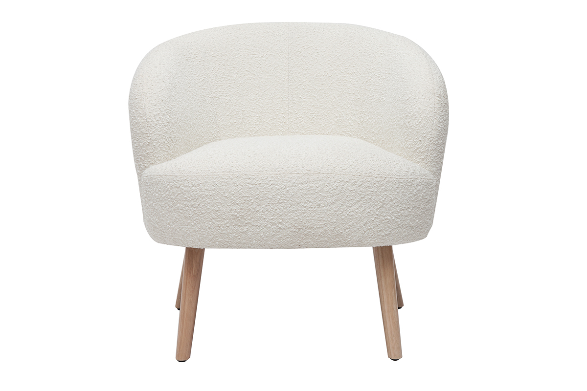 Fauteuil scandinave en tissu effet laine boucle blanc cass et bois clair MAGGIE