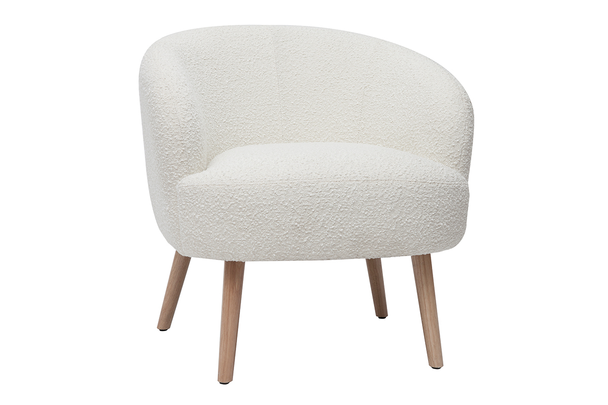 Fauteuil scandinave en tissu effet laine boucle blanc cass et bois clair MAGGIE