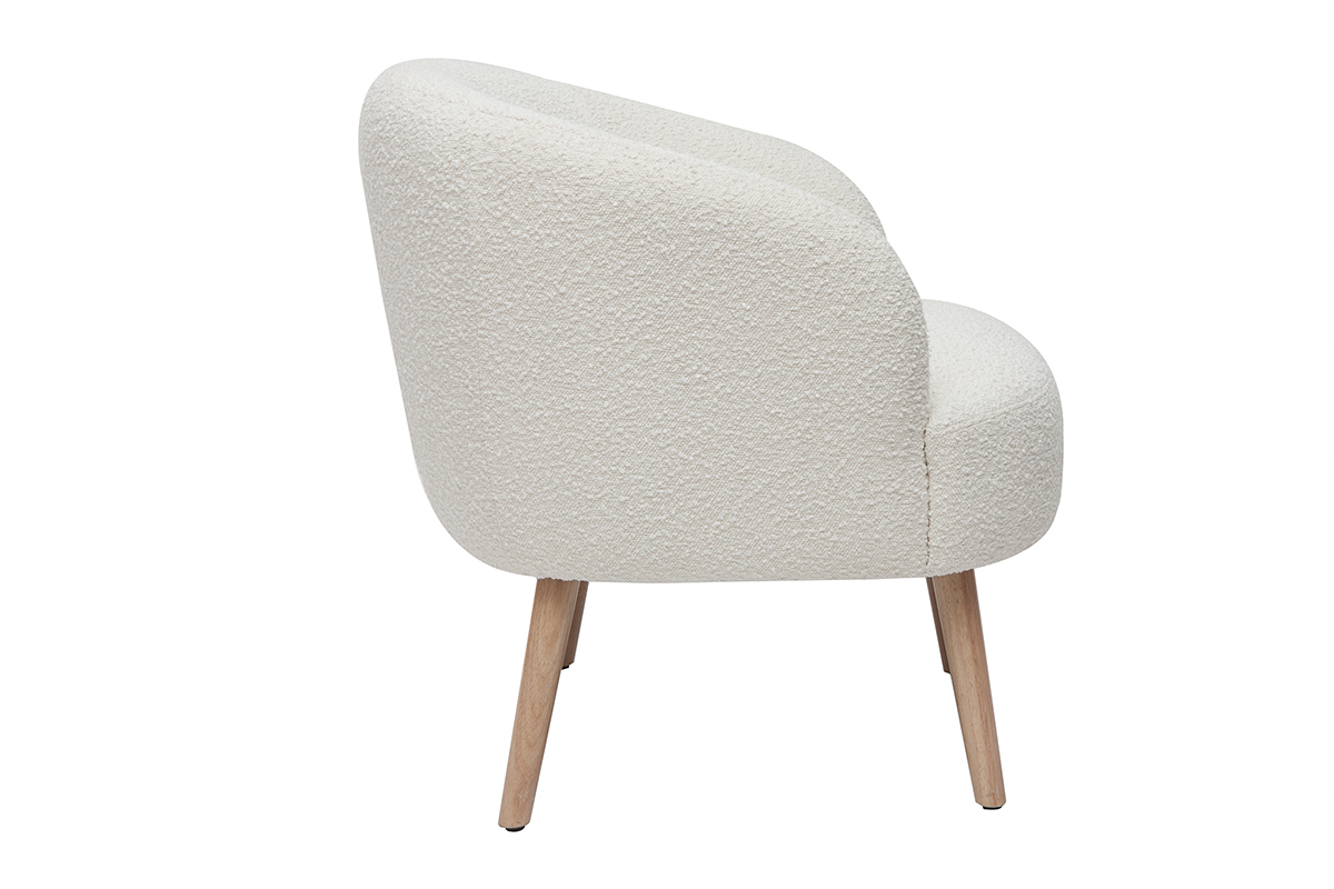 Fauteuil scandinave en tissu effet laine boucle blanc cass et bois clair MAGGIE