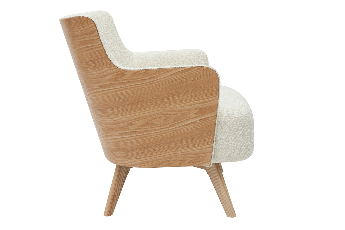 Fauteuil scandinave en tissu effet laine boucle blanc cass et bois clair VALMY