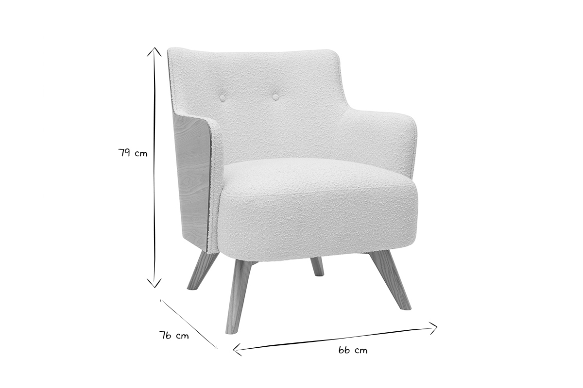 Fauteuil scandinave en tissu effet laine boucle blanc cass et bois clair VALMY