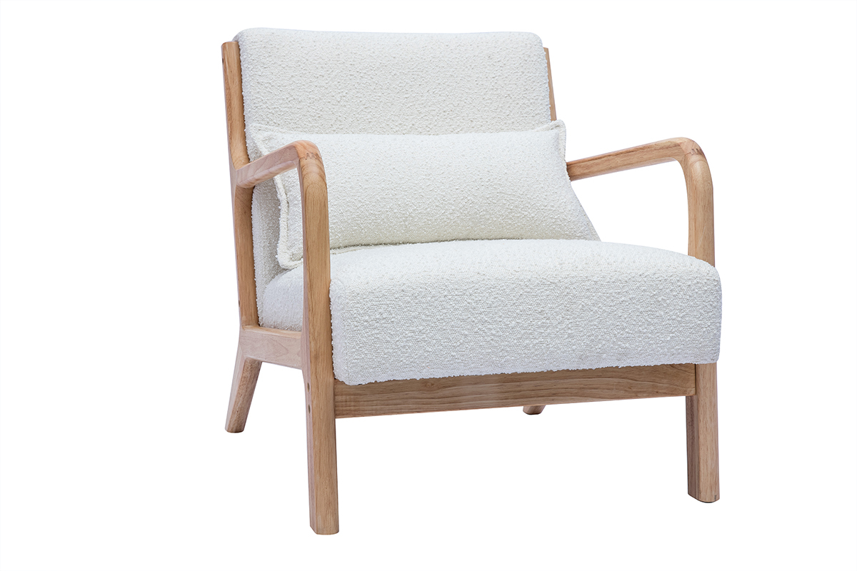 Fauteuil scandinave en tissu effet laine boucle blanc et bois clair massif DERRY