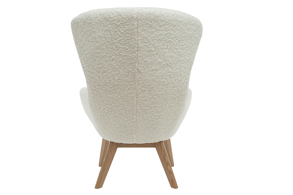 Fauteuil scandinave en tissu effet peau de mouton blanc et bois clair ESKUA