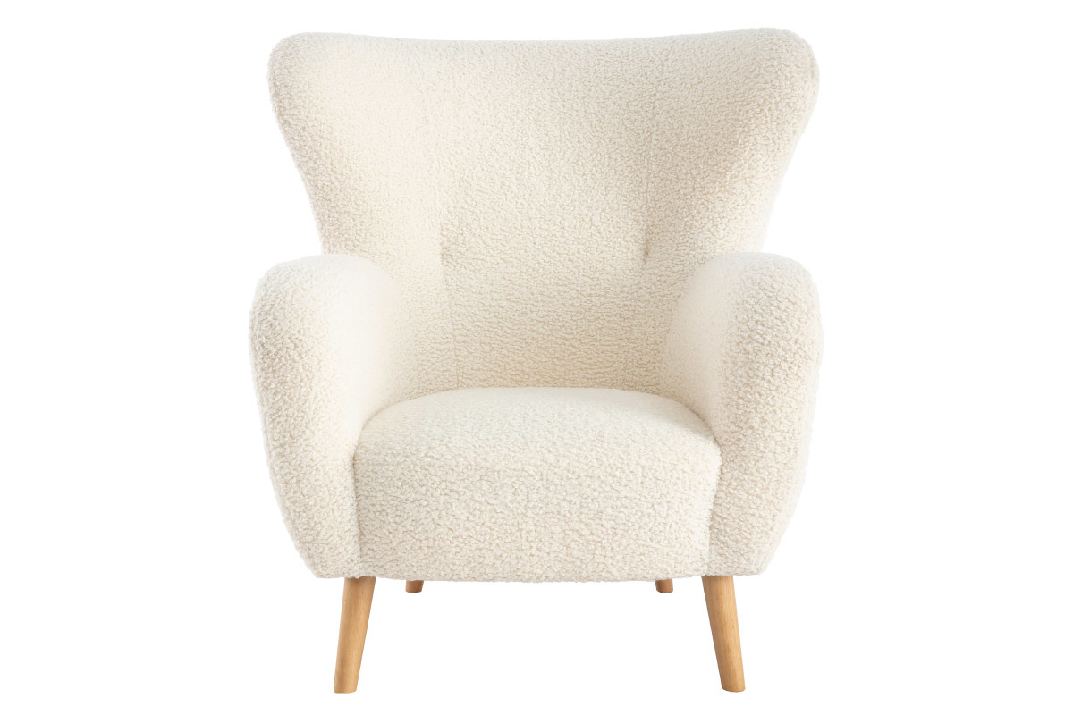 Fauteuil scandinave en tissu effet peau de mouton blanc et bois clair KORO