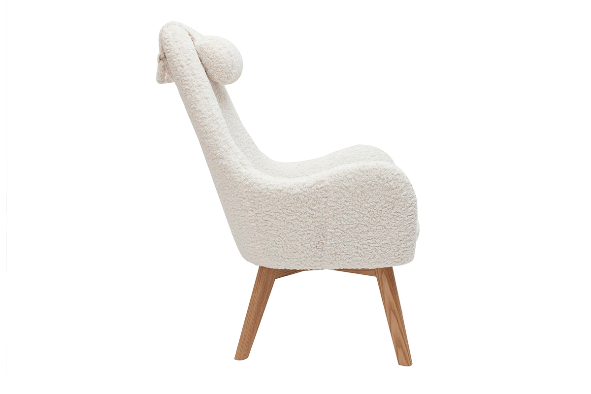 Fauteuil scandinave en tissu effet peau de mouton blanc et bois clair MANIA