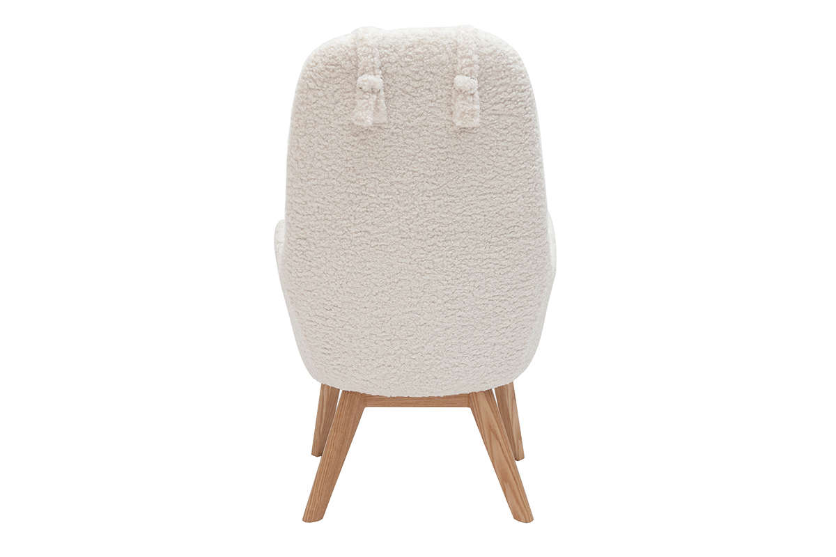 Fauteuil scandinave en tissu effet peau de mouton blanc et bois clair MANIA