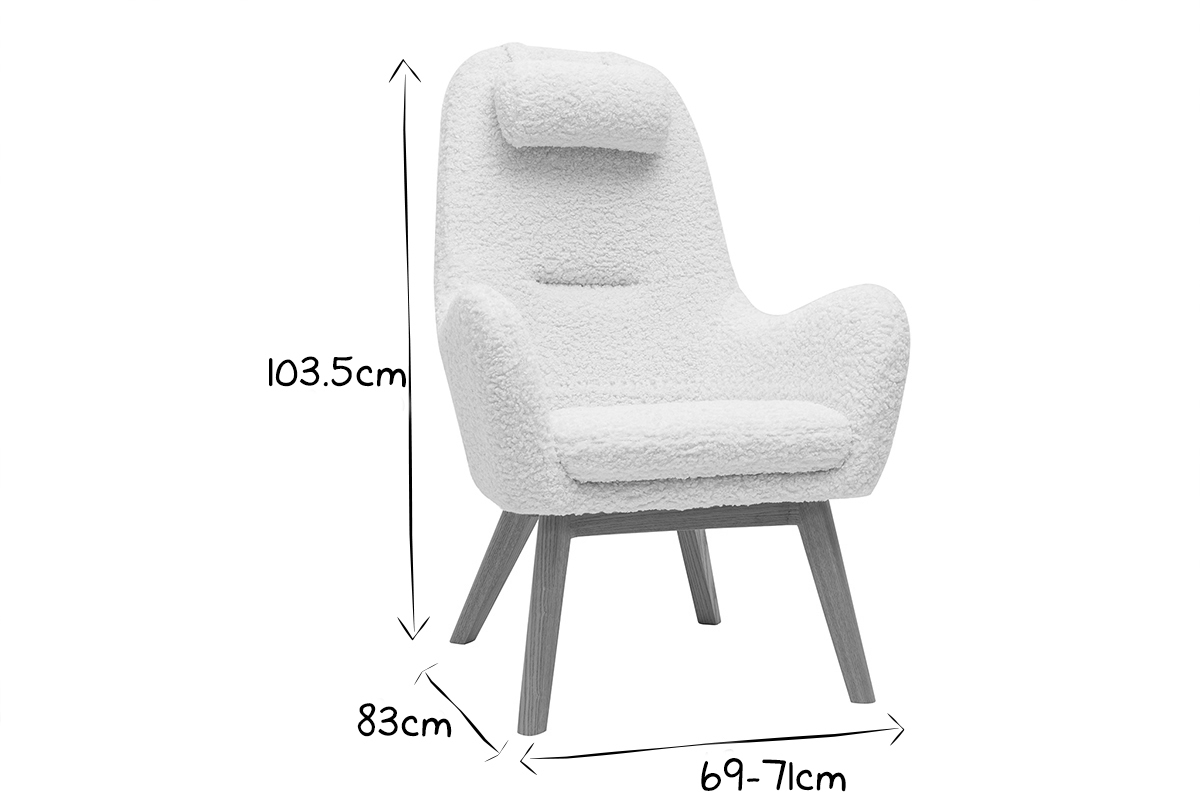 Fauteuil scandinave en tissu effet peau de mouton blanc et bois clair MANIA