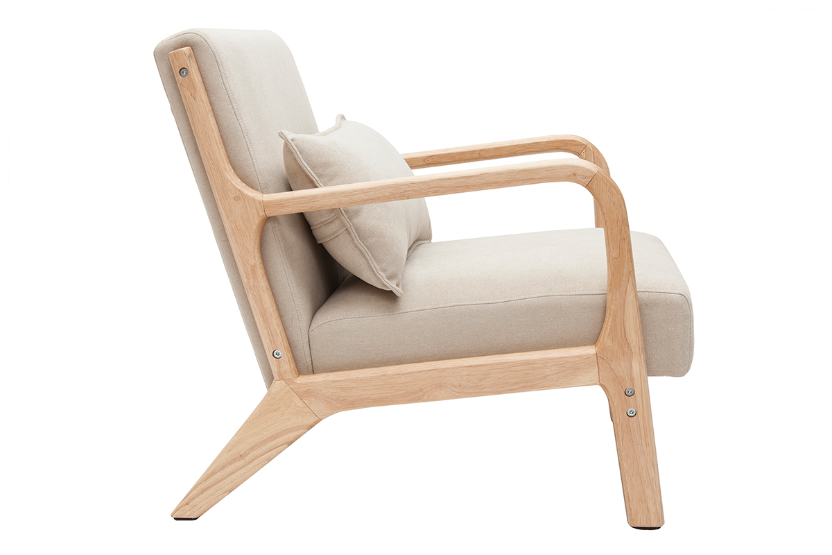 Fauteuil scandinave en tissu effet velours beige et bois clair massif DERRY