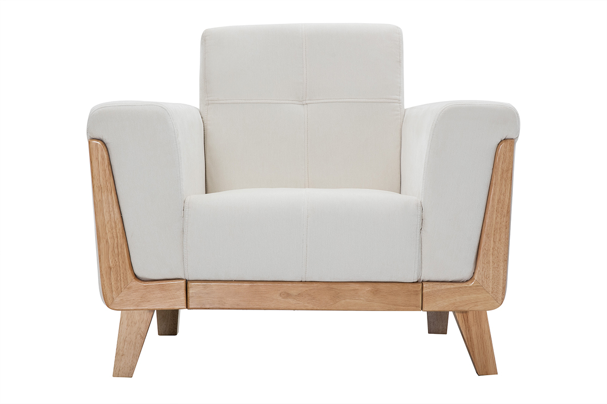 Fauteuil scandinave en tissu effet velours blanc cass et bois clair FJORD