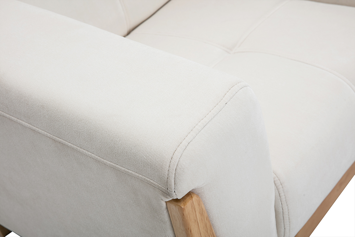 Fauteuil scandinave en tissu effet velours blanc cass et bois clair FJORD