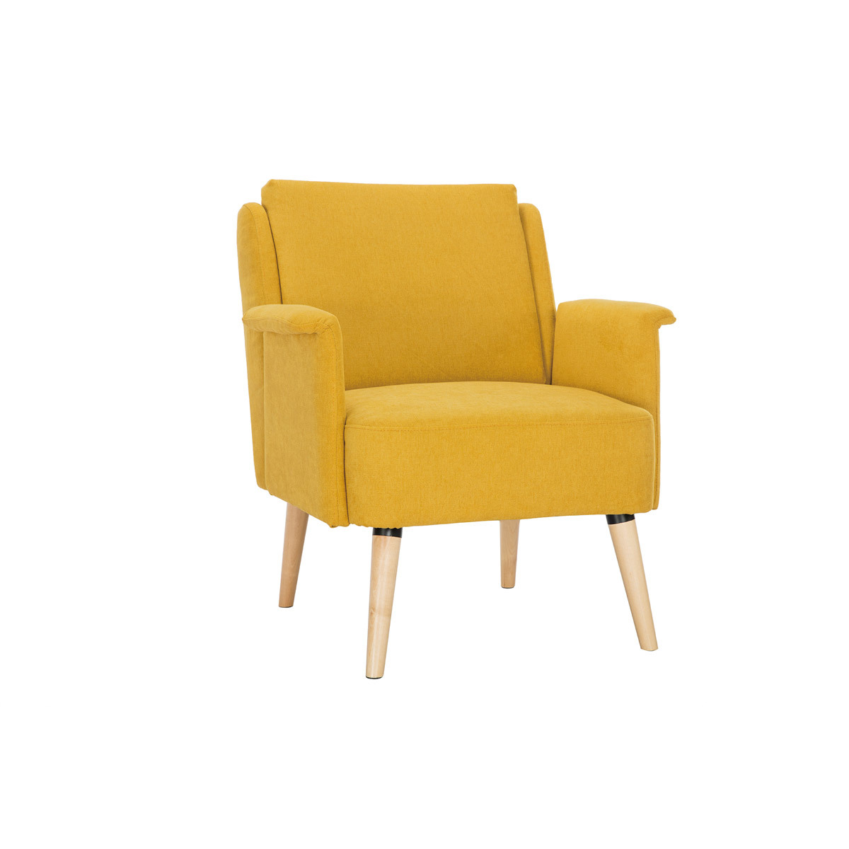 Fauteuil scandinave en tissu effet velours jaune moutarde et bois clair AEOLA