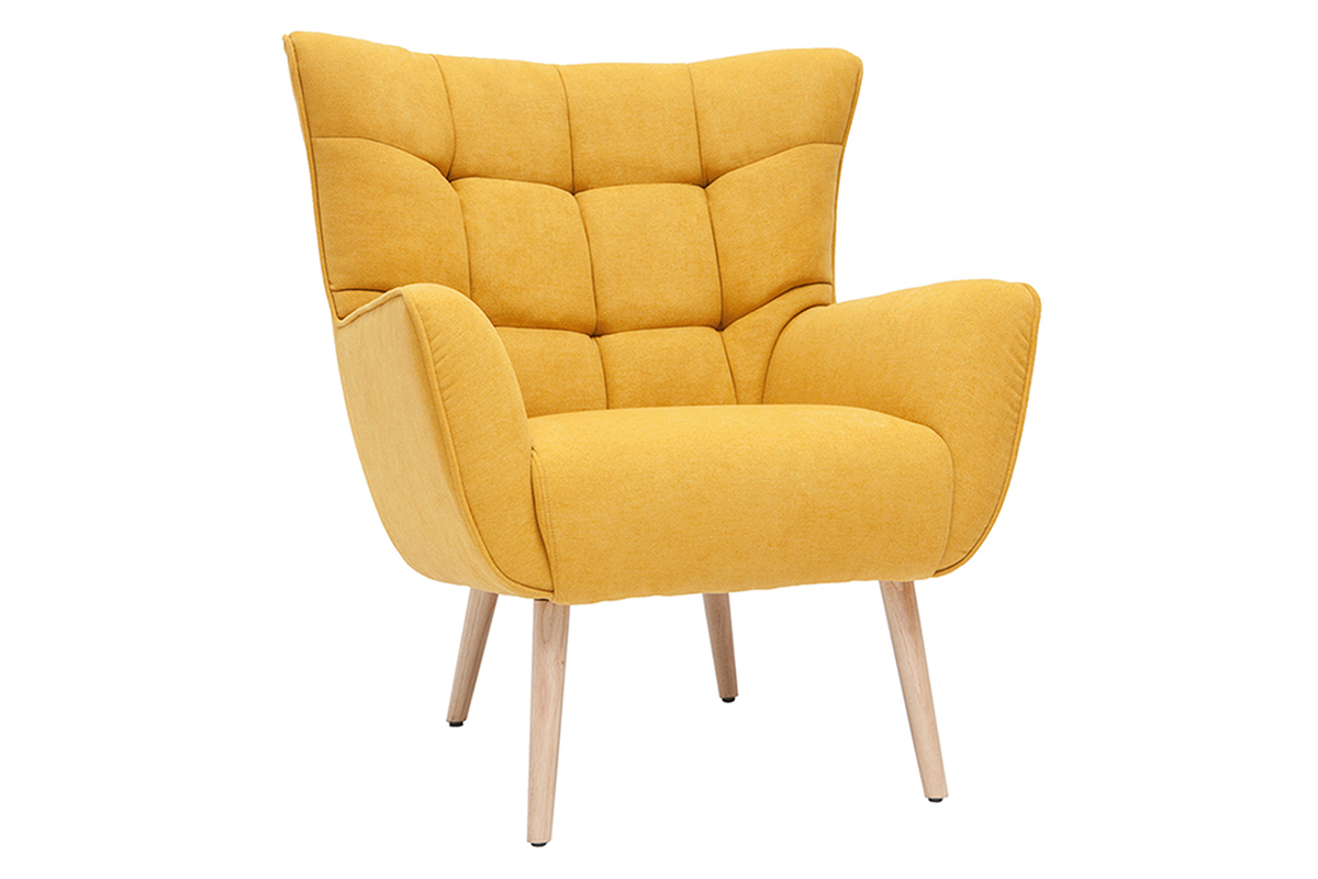 Fauteuil scandinave en tissu effet velours jaune moutarde et bois clair AVERY