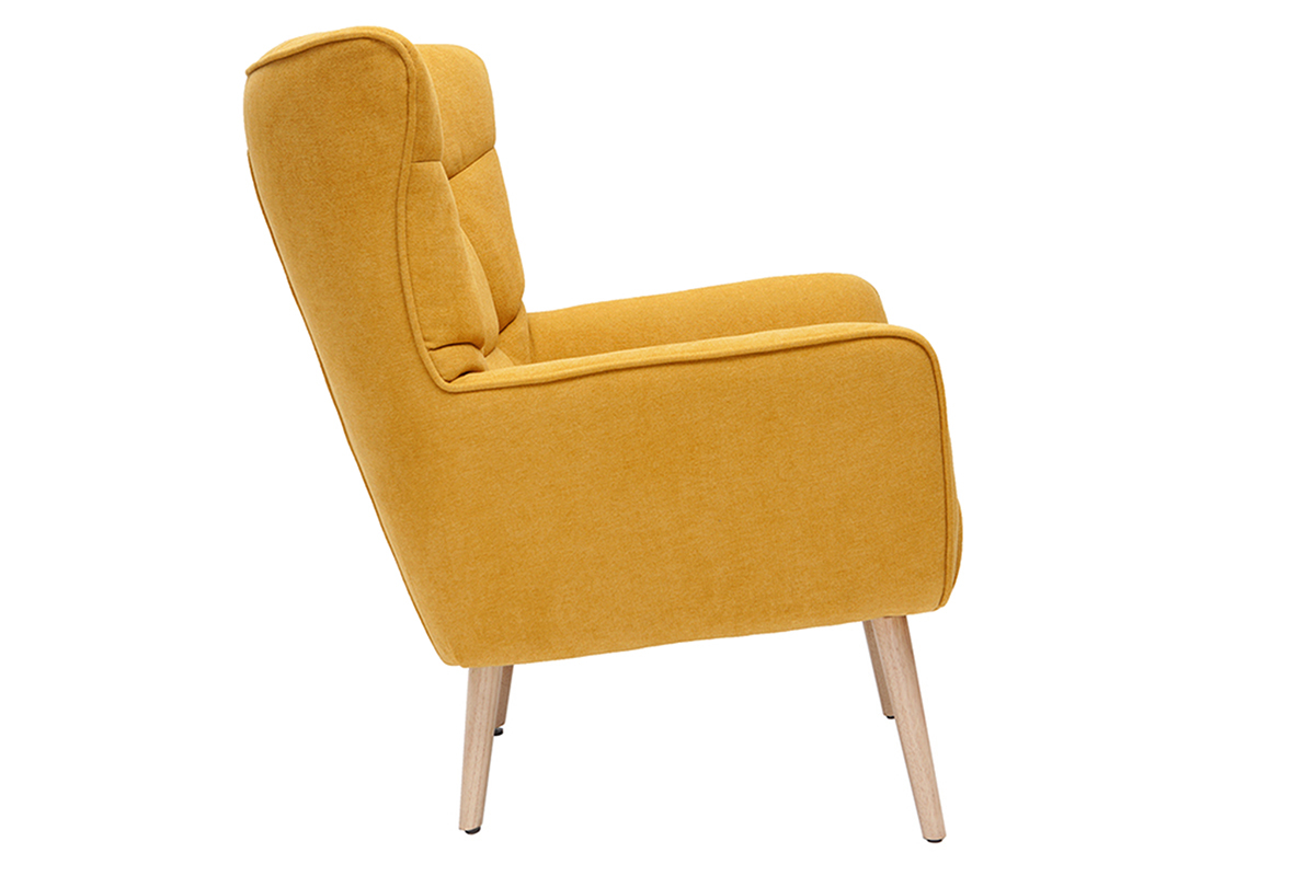 Fauteuil scandinave en tissu effet velours jaune moutarde et bois clair AVERY