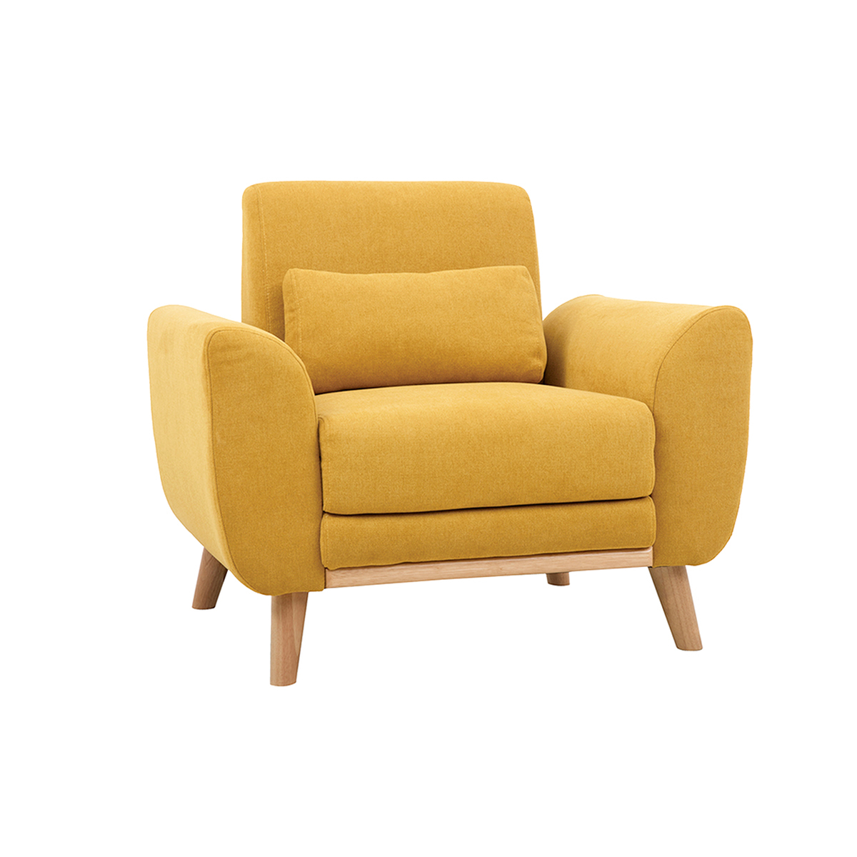 Fauteuil scandinave en tissu effet velours jaune moutarde et bois clair EKTOR