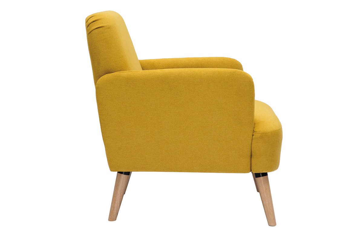 Fauteuil scandinave en tissu effet velours jaune moutarde et bois clair ISKO