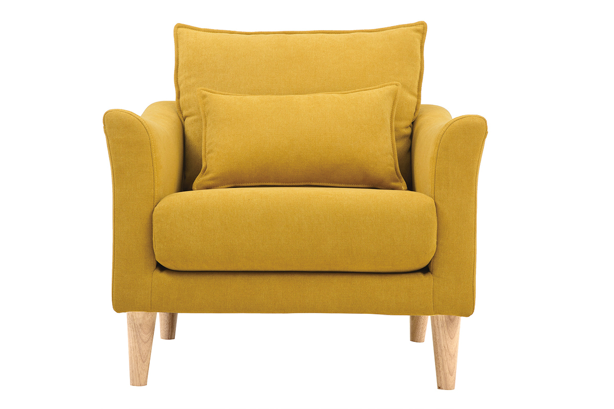 Fauteuil scandinave en tissu effet velours jaune moutarde et bois clair KATE