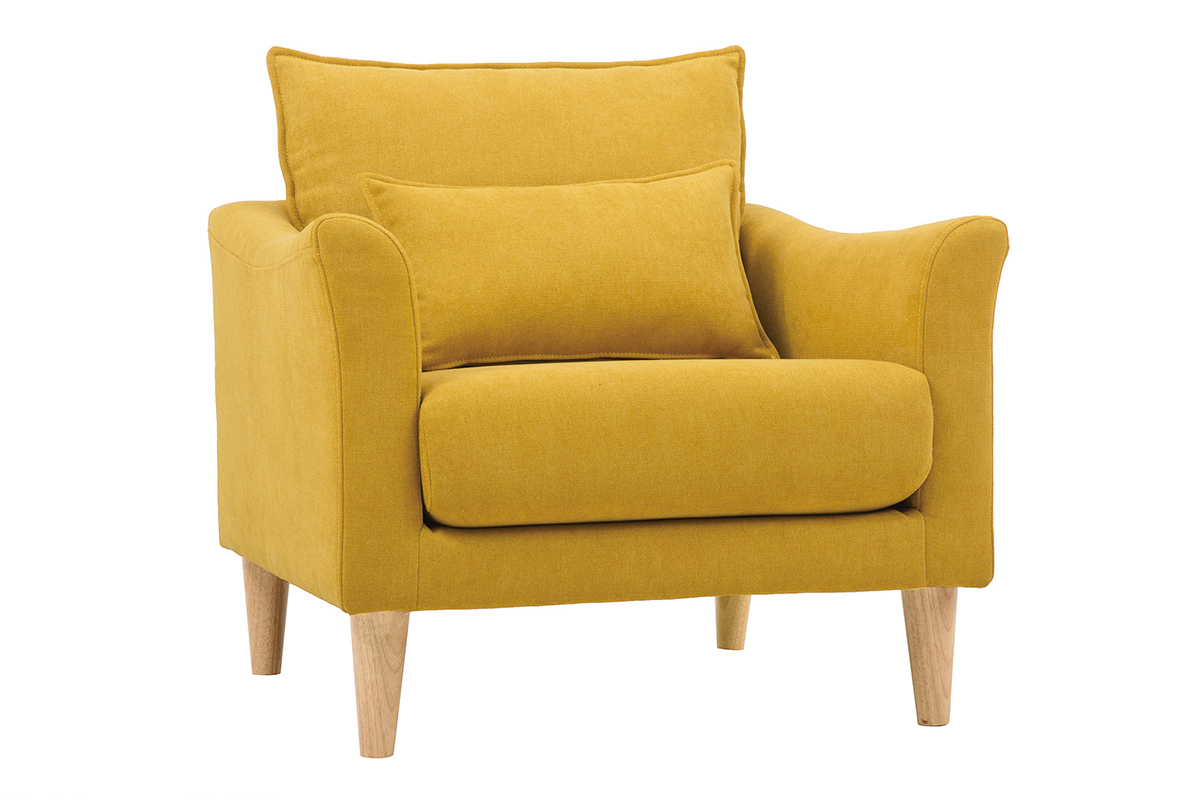 Fauteuil scandinave en tissu effet velours jaune moutarde et bois clair KATE