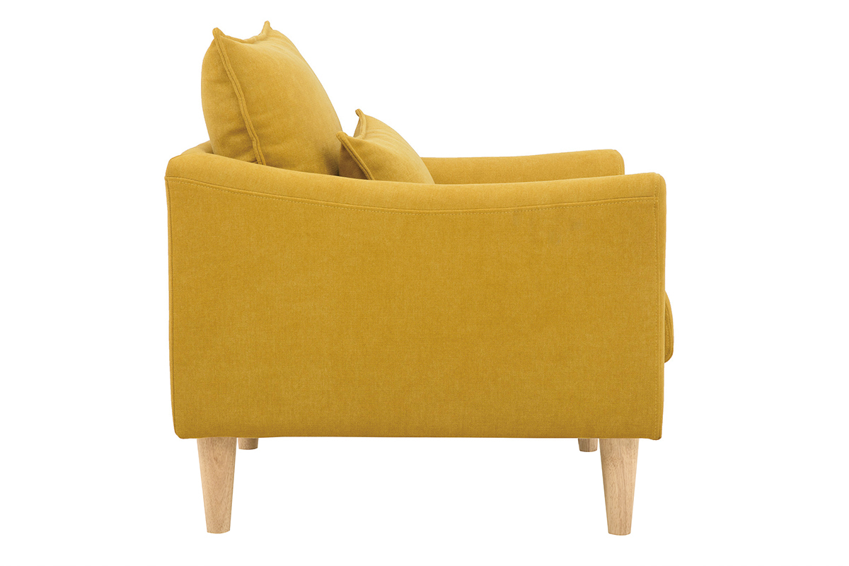 Fauteuil scandinave en tissu effet velours jaune moutarde et bois clair KATE