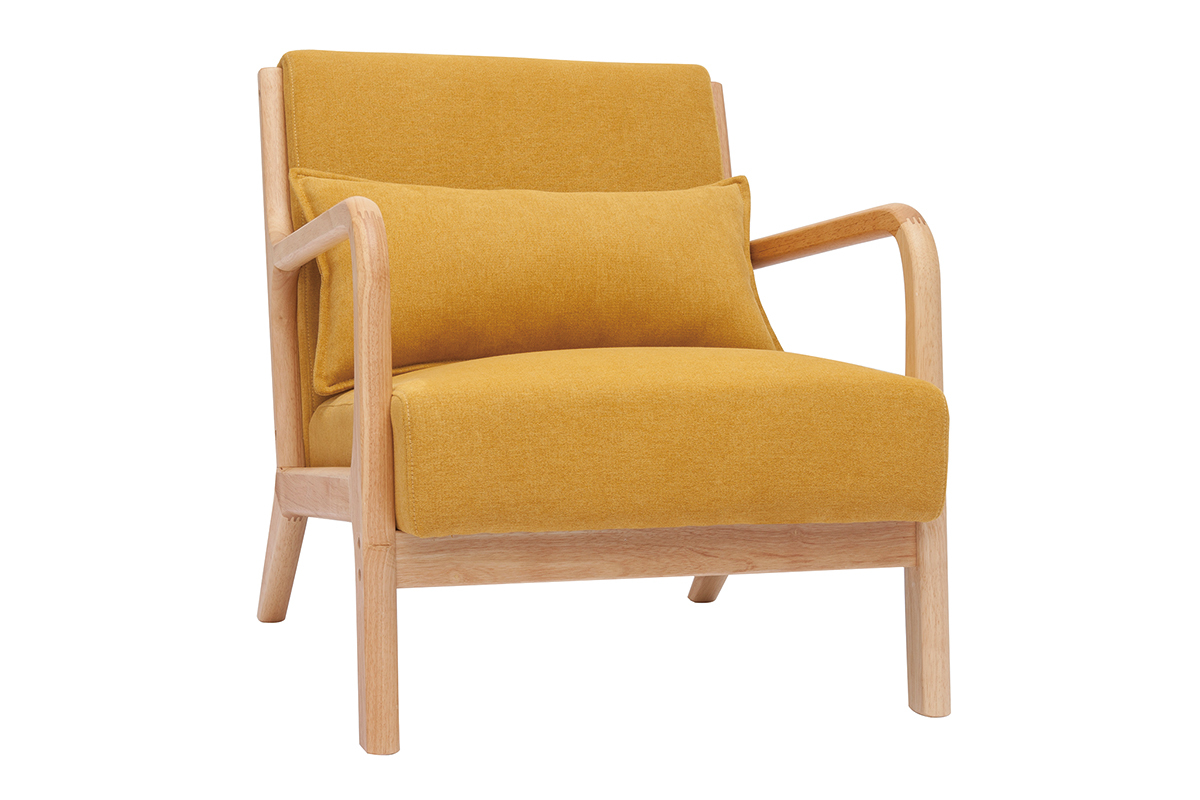 Fauteuil scandinave en tissu effet velours jaune moutarde et bois clair massif DERRY