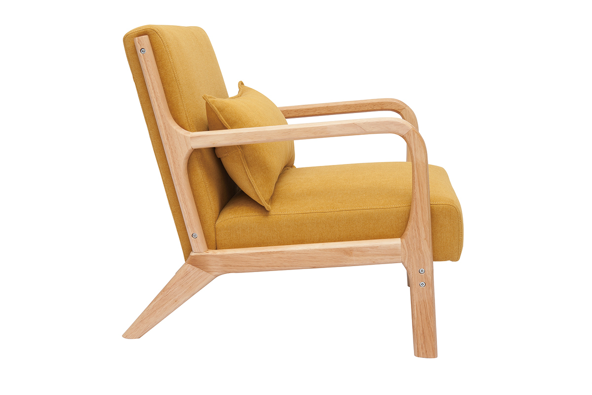 Fauteuil scandinave en tissu effet velours jaune moutarde et bois clair massif DERRY