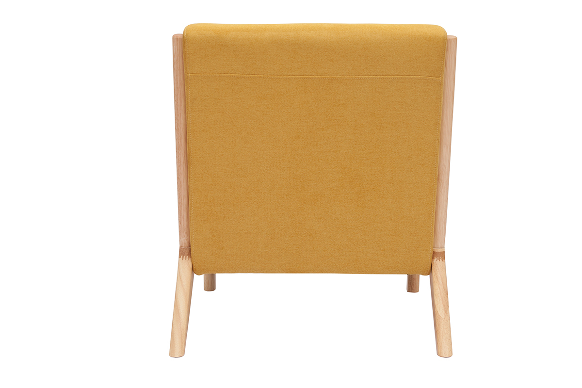 Fauteuil scandinave en tissu effet velours jaune moutarde et bois clair massif DERRY