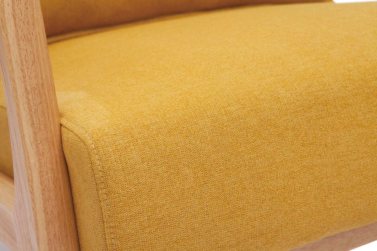 Fauteuil scandinave en tissu effet velours jaune moutarde et bois clair massif DERRY