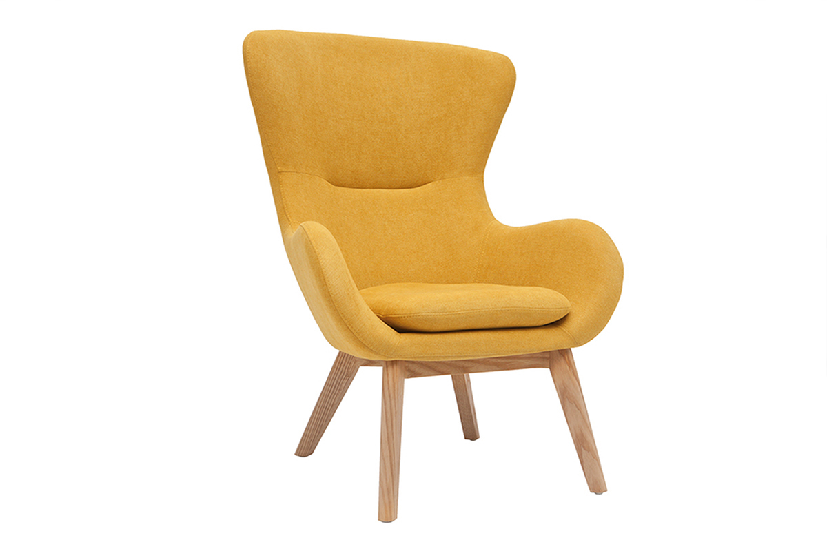 Fauteuil scandinave en tissu effet velours jaune moutarde et bois ESKUA