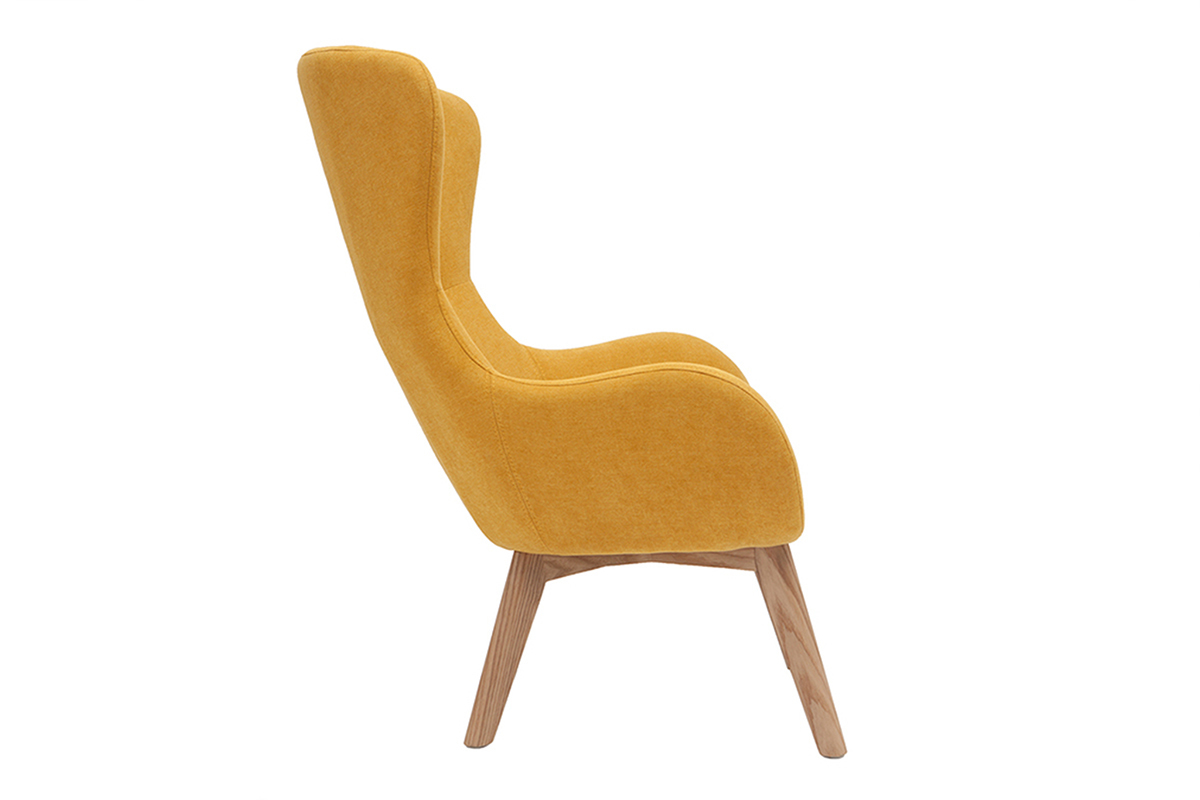 Fauteuil scandinave en tissu effet velours jaune moutarde et bois ESKUA