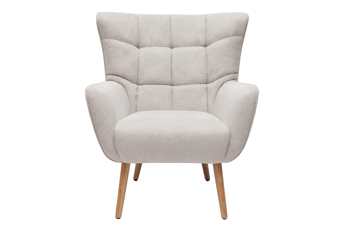 Fauteuil scandinave en tissu effet velours textur beige et bois clair AVERY