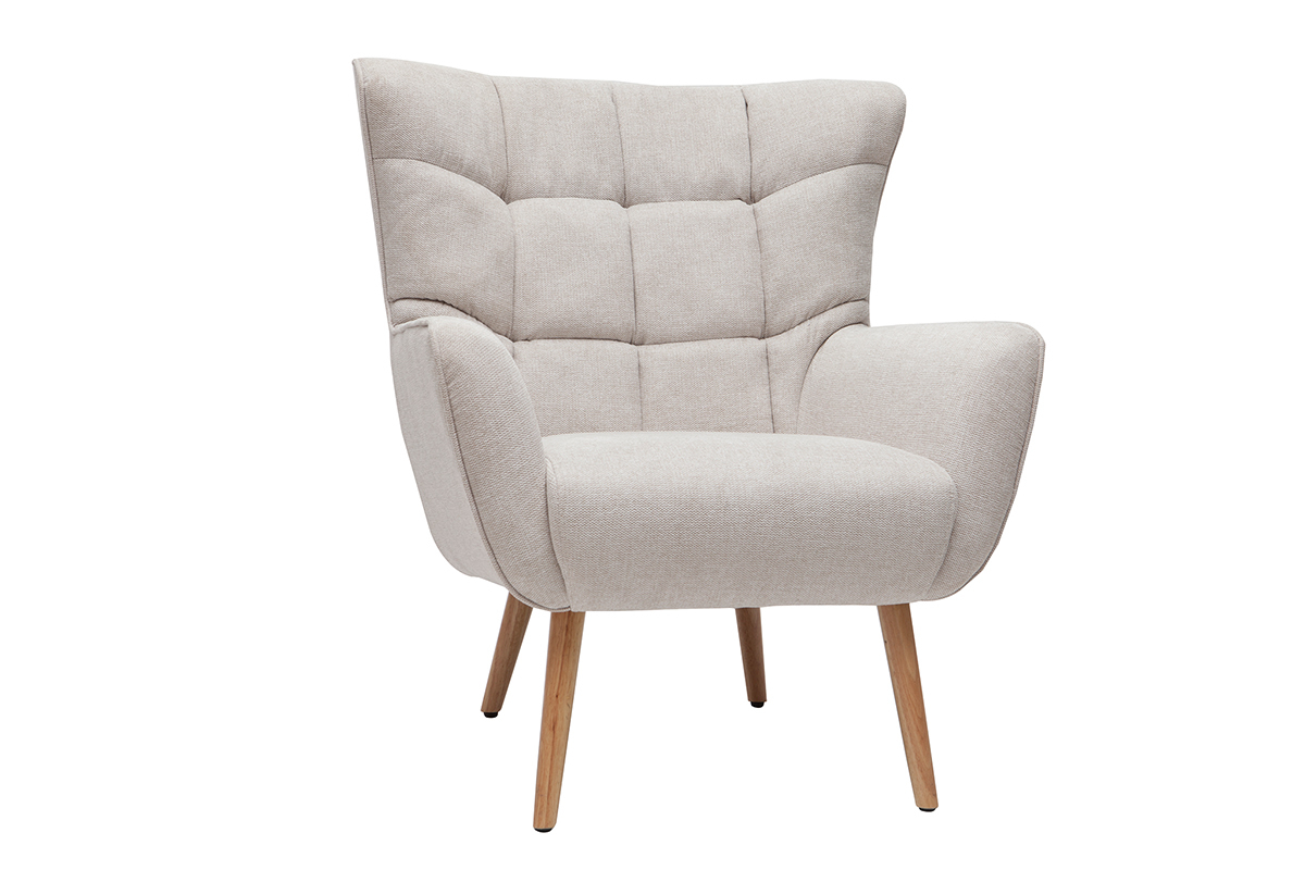 Fauteuil scandinave en tissu effet velours textur beige et bois clair AVERY