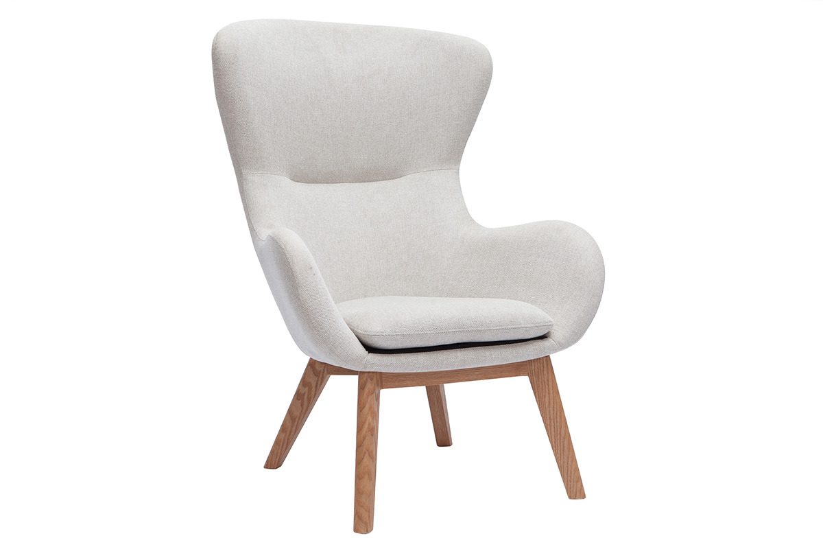 Fauteuil scandinave en tissu effet velours textur beige et bois clair ESKUA