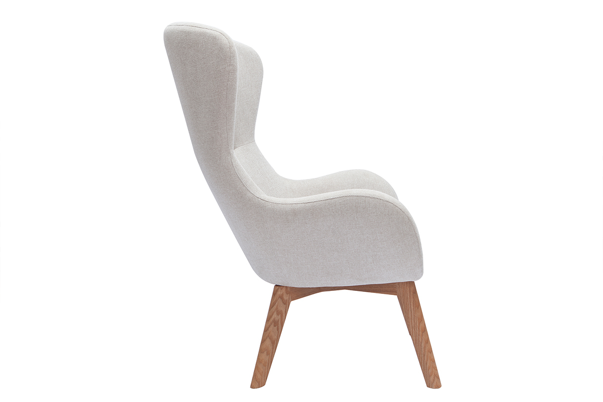 Fauteuil scandinave en tissu effet velours textur beige et bois clair ESKUA