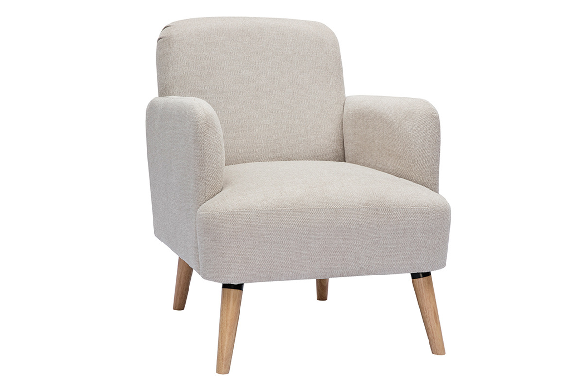 Fauteuil scandinave en tissu effet velours textur beige et bois clair ISKO