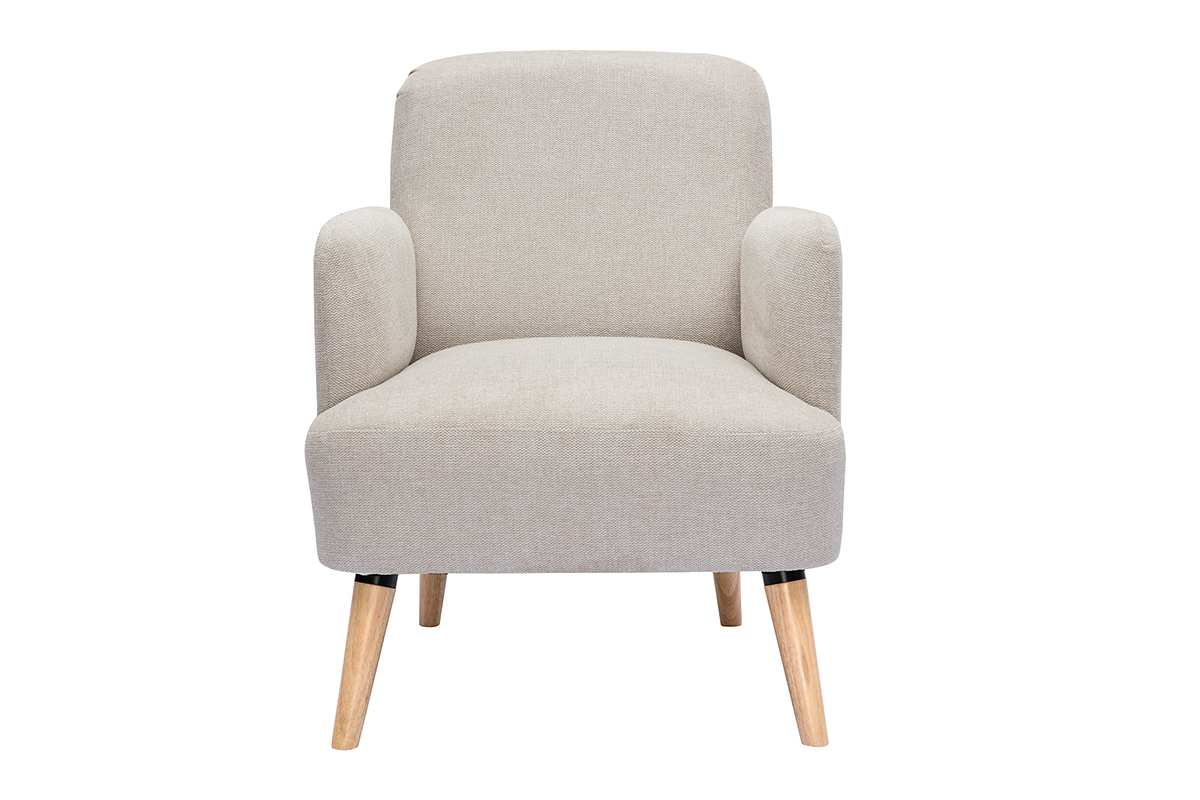 Fauteuil scandinave en tissu effet velours textur beige et bois clair ISKO