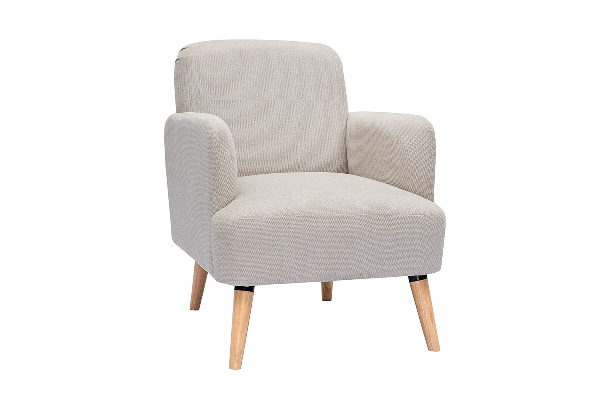 Fauteuil scandinave en tissu effet velours textur beige et bois clair ISKO