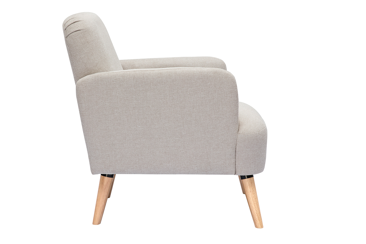 Fauteuil scandinave en tissu effet velours textur beige et bois clair ISKO