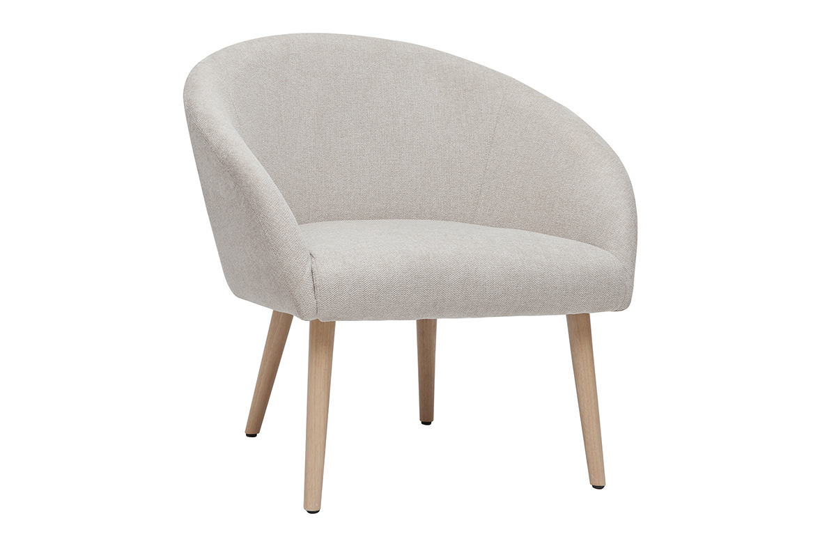 Fauteuil scandinave en tissu effet velours textur beige et bois clair OLIVIA