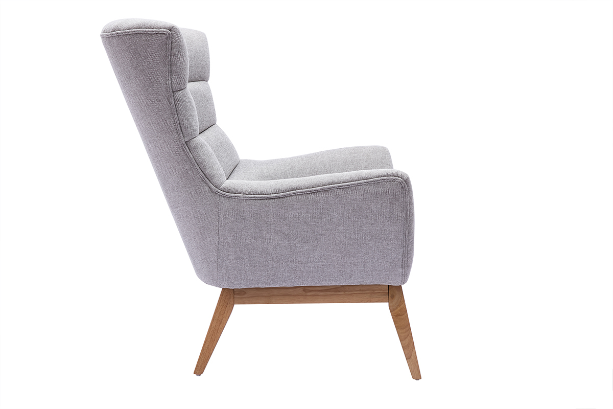 Fauteuil scandinave en tissu effet velours textur gris clair et bois clair BRODY