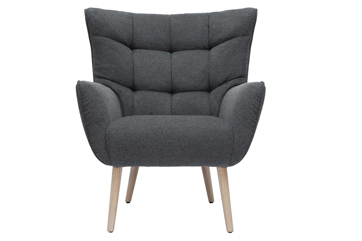 Fauteuil scandinave en tissu effet velours textur gris fonc et bois clair AVERY