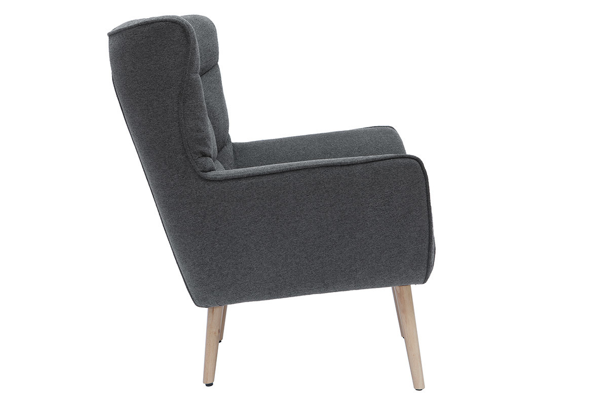 Fauteuil scandinave en tissu effet velours textur gris fonc et bois clair AVERY