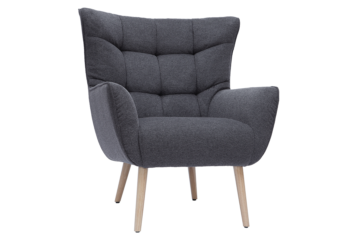 Fauteuil scandinave en tissu effet velours textur gris fonc et bois clair AVERY