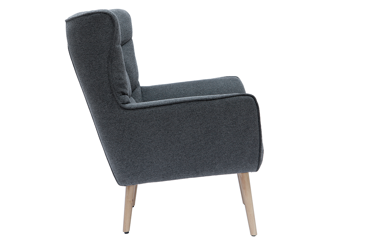 Fauteuil scandinave en tissu effet velours textur gris fonc et bois clair AVERY