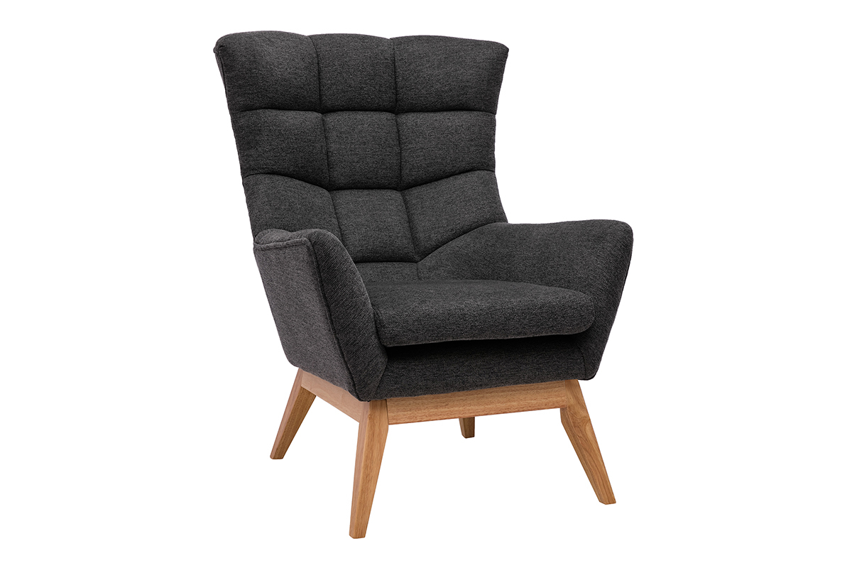 Fauteuil scandinave en tissu effet velours textur gris fonc et bois clair BRODY