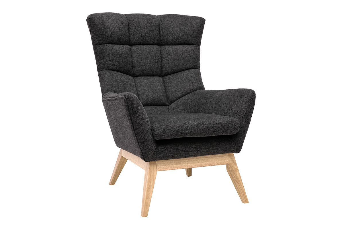 Fauteuil scandinave en tissu effet velours textur gris fonc et bois clair BRODY