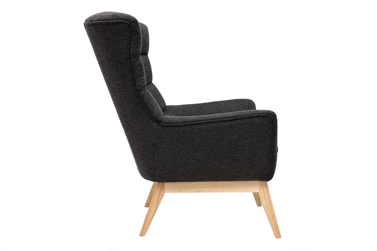 Fauteuil scandinave en tissu effet velours textur gris fonc et bois clair BRODY