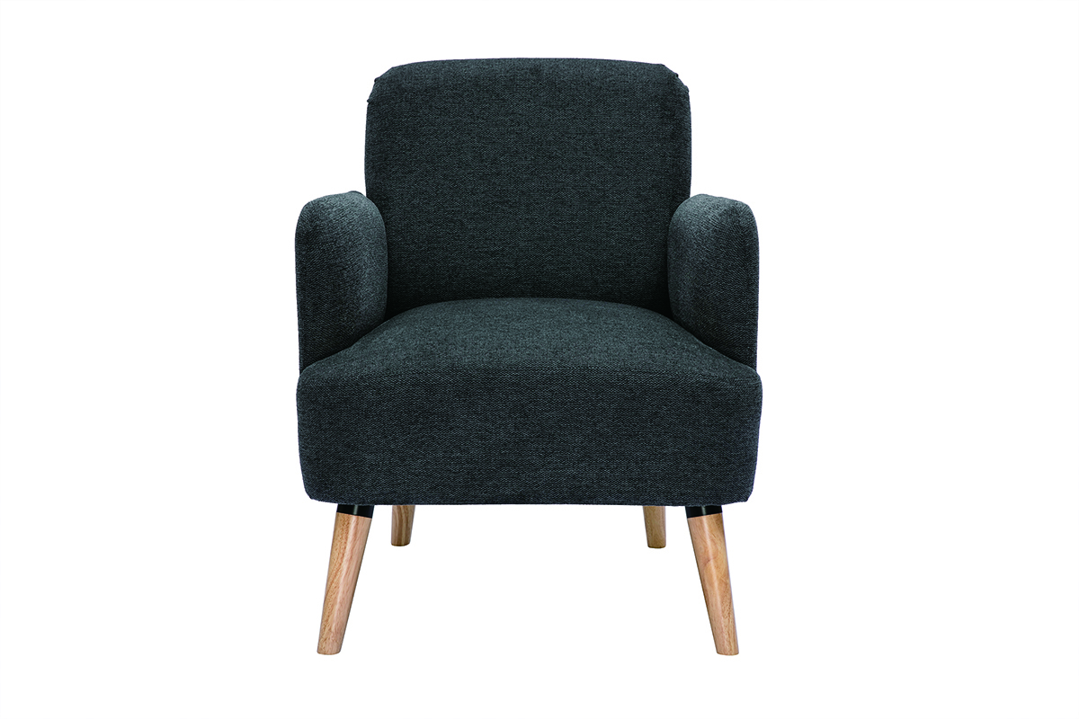 Fauteuil scandinave en tissu effet velours textur gris fonc et bois clair ISKO